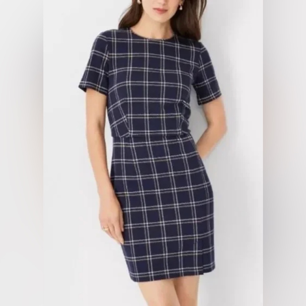 ANN TAYLOR NAVY DOUBLEPANE‎ WINDOWPANE PLAID SHEATH DRESS SZ 6 NWT